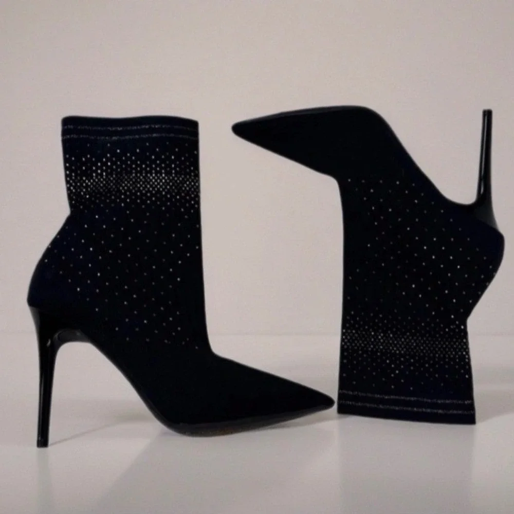 Jessica Simpson Lytona Booties Womens 9 Black Rhinestone Stiletto Sock Boots